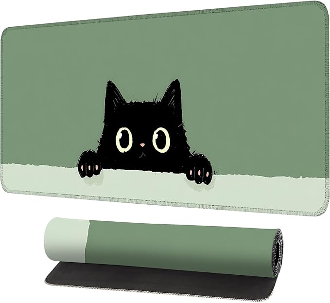 Cute Black Cat Large Mouse Pad – Extended Desk Mat 31.5 x 11.8 in– Kawaii Kitty Peeking Over Edge, Green Background, Non-Slip Rubber Base, Waterproof Keyboard & Mouse Pad for Office or Gaming