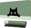 Cute Black Cat Large Mouse Pad – Extended Desk Mat 31.5 x 11.8 in– Kawaii Kitty Peeking Over Edge, Green Background, Non-Slip Rubber Base, Waterproof Keyboard & Mouse Pad for Office or Gaming
