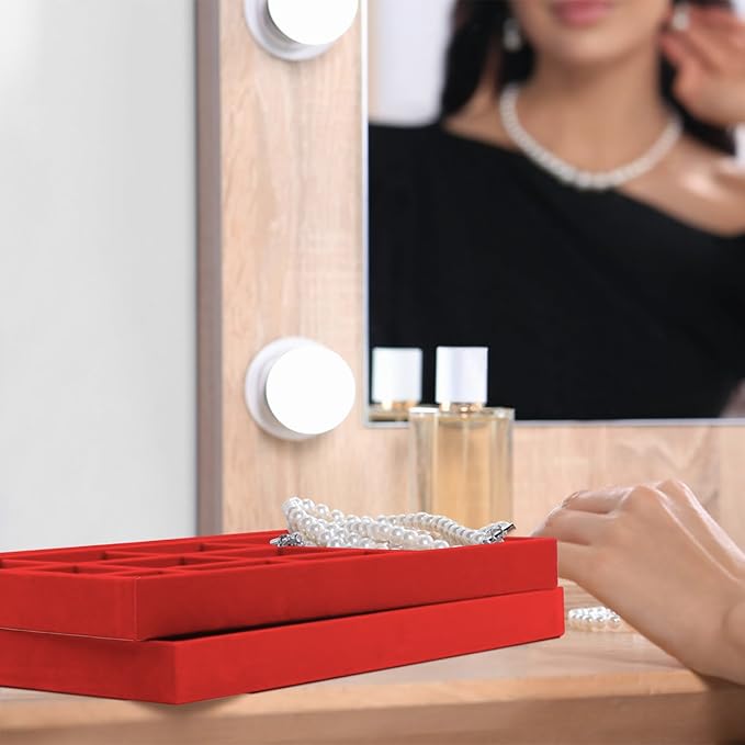 Lainrrew Jewelry Tray, 4 Pack Jewelry Organizer Velvet Jewelry Tray Stackable Jewelry Trays, Necklace & Earring Holder, Divided Bracelet & Ring Storage, 13.8"x9.5"x1.2" - Elegant Display Case (Red)