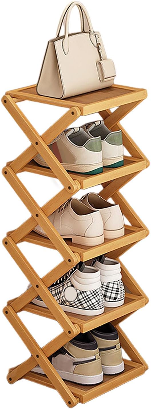 YYW Flat Bamboo Shoe Rack for Entryway, Installation-Free and Folding Vertical Small Shoe Rack, Saves Space Narrow Shoe Racks for Doorway Closet