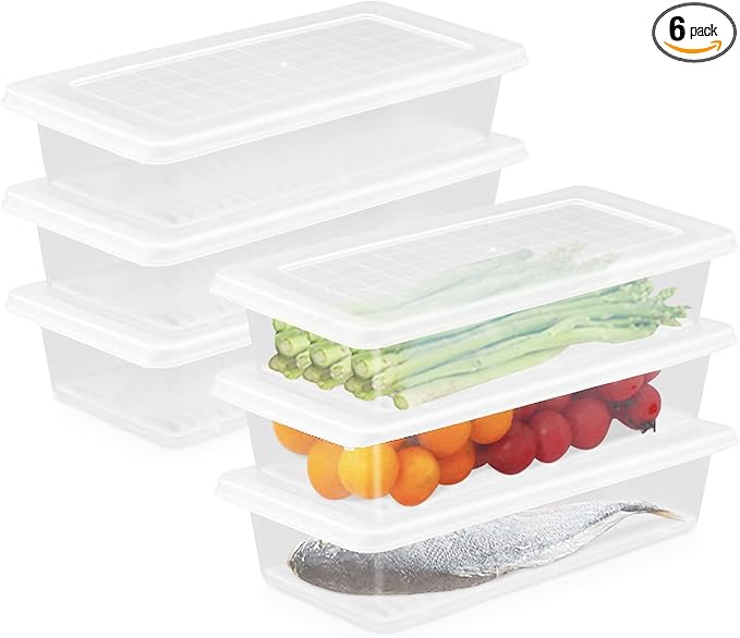 Nsmykhg Food Storage Containers, 6 Pack Fridge Organizer Case with Removable Drain Plate, Produce Containers to Keep Fruits, Vegetables, Meat, Fish Fresh and Dry