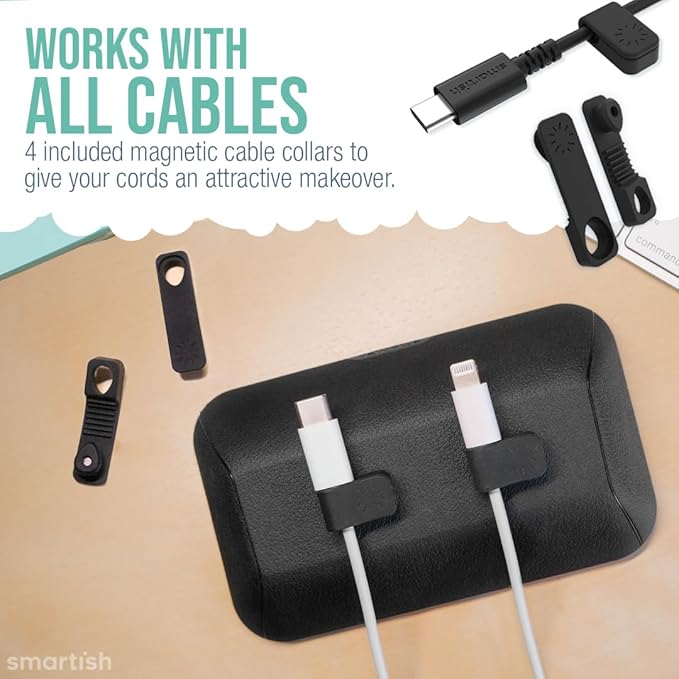 Smartish® Magnetic Cord Holder - Bigger Cable Wrangler Stocking Stuffer Organizer with Magnet Clips for Charger Management on Desktop, Nightstand - Holds 6+ Cables - Black Tie Affair