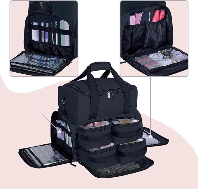 Large Cosmetic Bag with 4 Removable Case and 2 Removable Dividers Double Layer Travel Storage Organizer, Makeup Brushes Storage Section Black