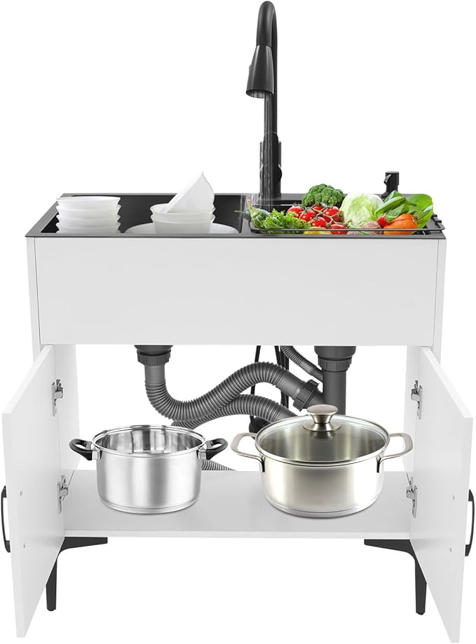 Laundry Sink Cabinet with Stainless Steel Sink and Pull-Out Faucet, Large Utility Sink Cabinet,Stainless Steel Utility Sink with Cabinet and Drawer Combo, for Laundry & Utility Room (White)