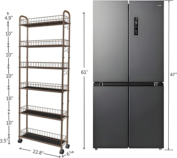 6-Tier Slim Storage Cart with Wheels, 6in Narrow Rolling Shelf,Sturdy Slim Storage Ideal for Kitchen, Bathroom, and Laundry Room,Champagne Gold