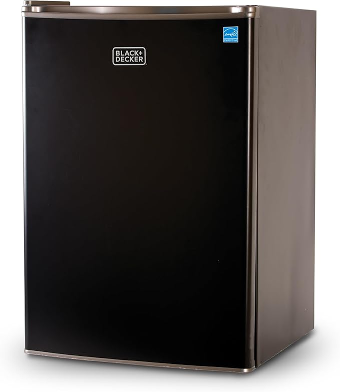 BLACK+DECKER 2.5 Cu. Ft. Compact Refrigerator, ENERGY STAR Certified, Single Door Mini Fridge with Chiller Compartment, Personal Fridge for Home or Dorm Room, R600a Refrigerant, BCRK25B, Black