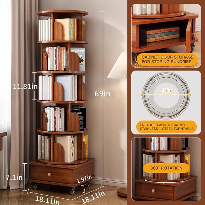 Rotating 360° Corner Bookshelf, 6-Tier Wood Bookcase with Wheels, Space-Saving Narrow Organizer for Bedroom, Living Room, and Study, Walnut Brown