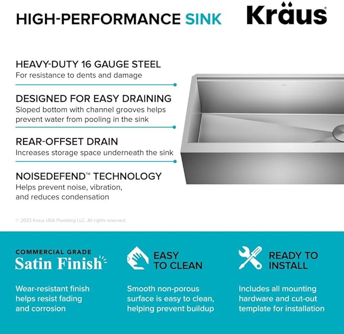 KRAUS Kore 36-Inch Farmhouse Workstation 16 Gauge Single Bowl Stainless Steel Kitchen Sink with Accessories, KWF210-36