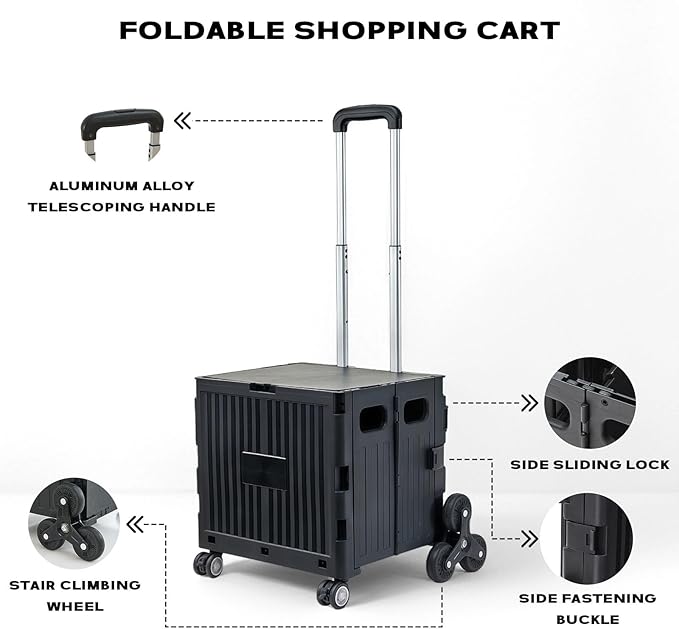 Utility Cart Foldable Shopping Cart Book Storage Cart, with Stair Climbing Wheels and Telescopic Handle, Ideal for Outdoor Home Use and Teacher/Student Book Storage.(Black, Small)