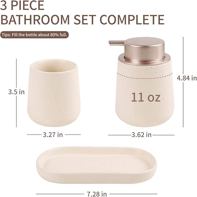BosilunLife Bathroom Accessory Set - 3 pcs Ceramic Bathroom Soap Dispenser Set Farmhouse Bathroom Counter Decor Set Accessories, Soap Dispenser and Toothbrush Holder with Tray