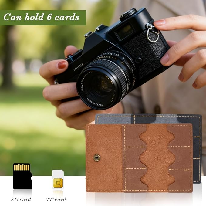 2PCS PU Leather Foldable Gaming Card Organizer Memory Card Holder with Metal Snap Button Portable Retro Leather Guitar Pick Case Micro SD Carry Cover for Travel Daily Storage CFexpress SIM