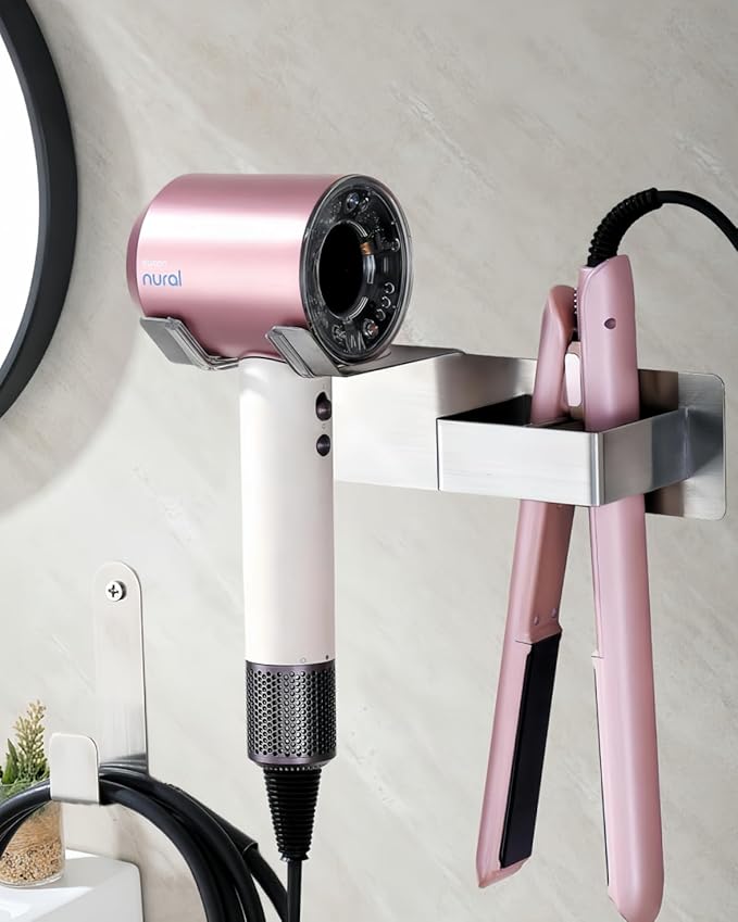 Hair Dryer Holder Wall Mounted, Hair Tool Organizer Wall Mount for Bathroom, Stainless Steel Hair Dryer Holder, Blow Dryer Holder Adhesive/Drilling Hair Dryer and Straightener Holder UEMUSI