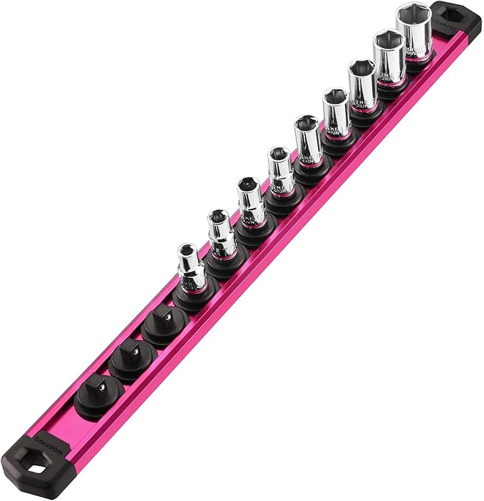 WORKPRO Magnetic Socket Organizer, 1/4-Inch Drive Aluminum Alloy Socket Rail, Heavy Duty Socket Holder, Socket Rack Kit 1/4-Inch x 12 Clips Rose Red (Socket not Included)