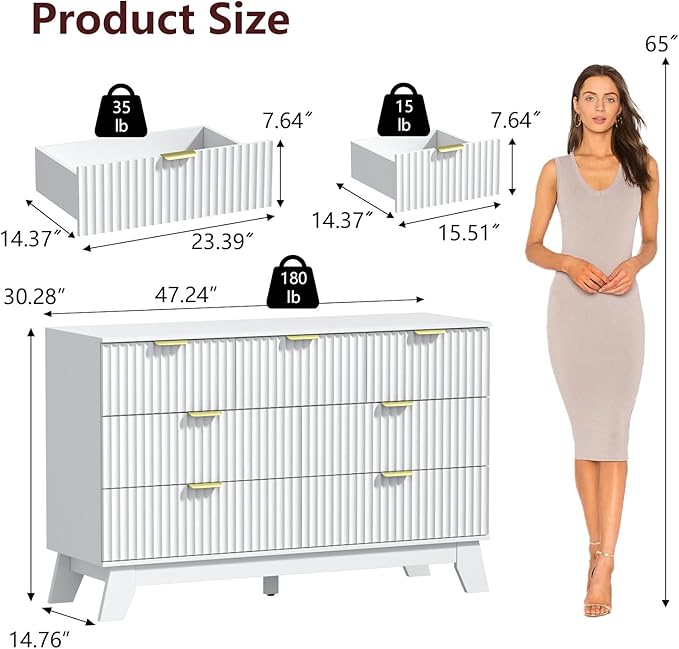 Fluted Dresser for Bedroom,7 Drawer Dresser for Closet,Storage Cabinet and Chest of Drawers with Gold Handle,TV Stand,Storage Organizer for Living Room,Hallway,Entryway,White