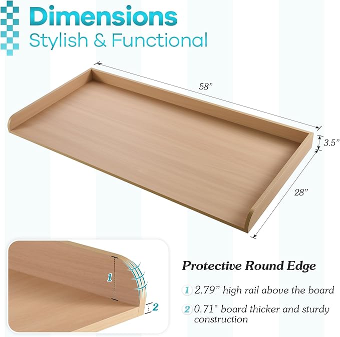 Kaboon Washer Dryer Countertop 58" x 28" Extra Large Version, Melamine Countertop with 3.5" Edge Rails, Laundry Room Organization, Light Walnut