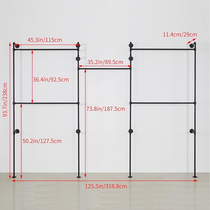 Industrial Pipe Clothes Rack, Heavy Duty Detachable Wall Mounted Black Iron Garment Bar, Clothing Store Display Stands Garment Rack Closet System (125.5 x 93.7inch)