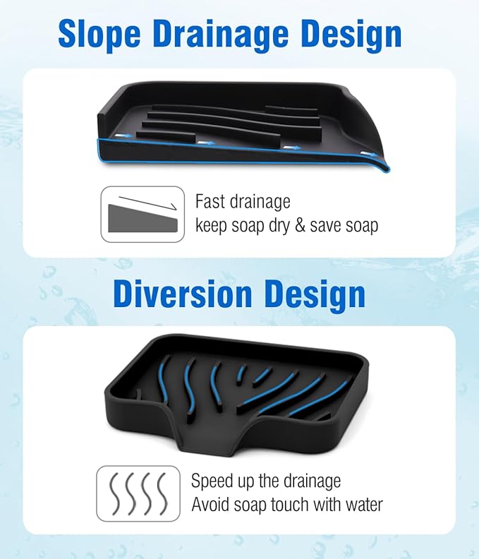 3-Pack Silicone Soap Dish Set – Bar Soap Holder with Self-Draining Design, Easy-Clean Tray for Shower, Bathroom, Kitchen, and Tub (Black)