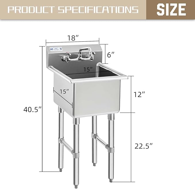 HALLY Commercial Stainless Steel Sink 1 Compartment NSF Prep & Utility Sink with 8" Faucet 15" L x 15" W x 12" D Bowl for Bar, Restaurant, Kitchen, Hotel and Home