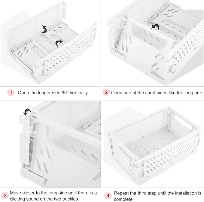 Plastic Storage Baskets for Desk Organizing, Office Drawer Organizer, 2 Medium+2 Small Durable Folding Storage Crate for Home Kitchen Classroom Office Bedroom and Bathroom Storage (White)