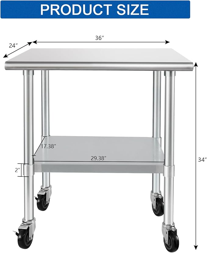 HARDURA Stainless Steel Table with Wheels 24 x 36 Inches Casters NSF Heavy Duty Commercial Work & Prep Table with Undershelf and Galvanized Legs for Restaurant Kitchen Bar and Hotel Garage