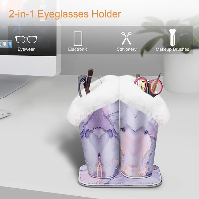 Fintie Plush Lined Double Eyeglasses Holder with Magnetic Base, Glasses Stand Case Organizer for Desk, Nightstand, Office, Lilac Marble