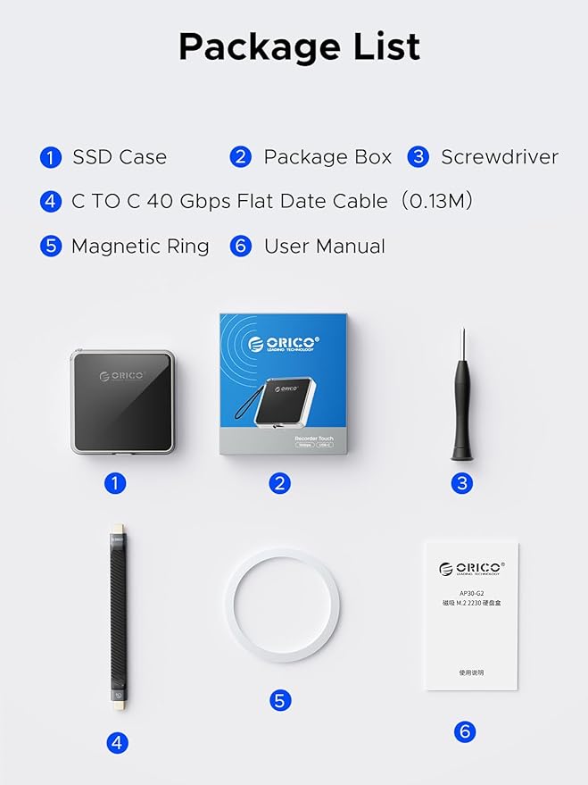 ORICO Magnetic M.2 NVMe 2230 SSD Enclosure Compatible with Magsafe for iPhone 15/16 Pro Max ProRes, 10Gbps USB C 3.2 Gen2 Type-C to NVMe Reader with Protective Case、Lanyard - AP30