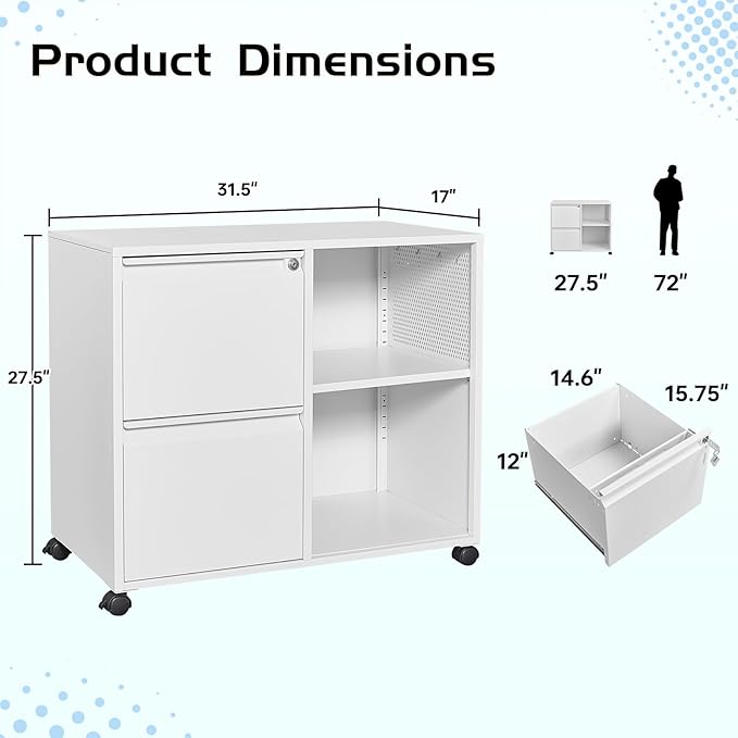 MIIIKO 2 Drawer File Cabinet on Wheels, Metal Filing Cabinets with Storage Shelf, Home Office Printer Stands, Mobile File Cabinet with Lock, White Lateral Cabinet Storage A4, Letter Size File Folders
