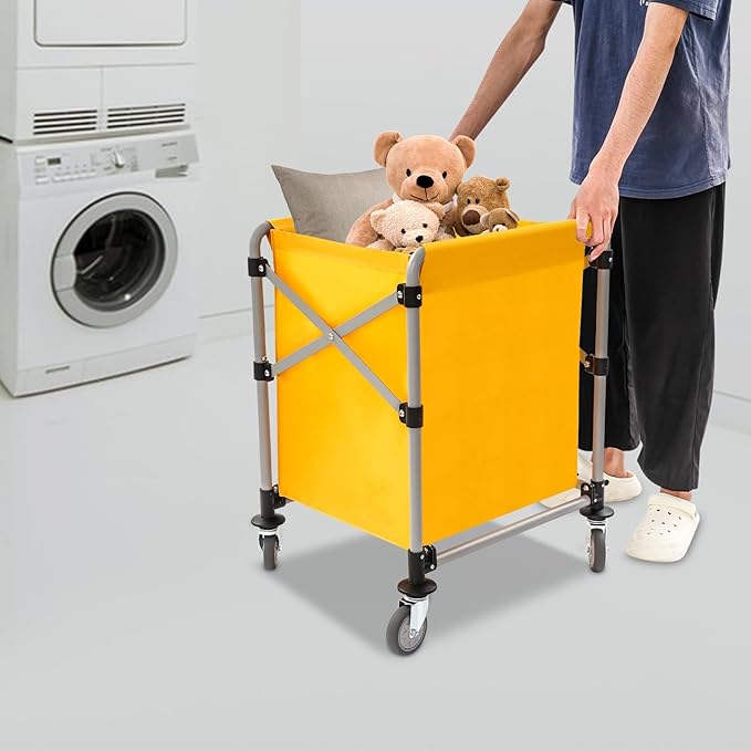 Commercial Laundry Cart with Wheels,Folding Laundry Hamper Cart,Heavy Duty Rolling Laundry Basket with Large Capacity,Laundry Sorter Trolley for Home Hotel Apartment (Yellow, 23.62 * 19.69 * 23.62in)