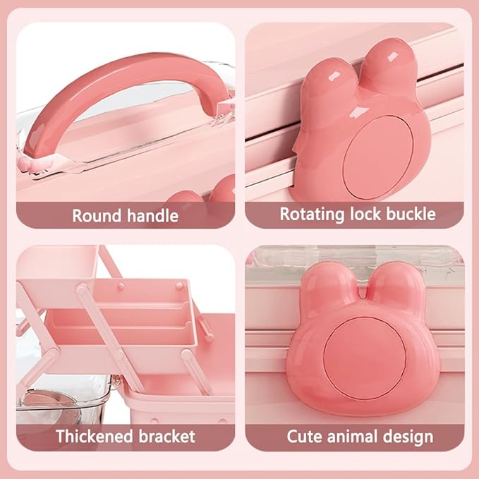 Cute Hair Accessories Organizer 3-Layers Kids Jewelry Storage Box Plastic Hair Accessories holder for Girls (Pink-Rabbit)