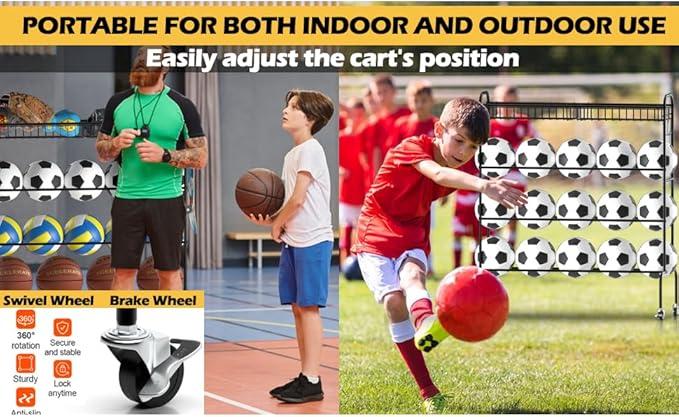 Ball Storage - Basketball Cart With Wheels Garage Volleyball Storage Sport Equipment Holder Organizer For Indoor Outdoor,Metal Storage Rack For Playgroup,Gym And School