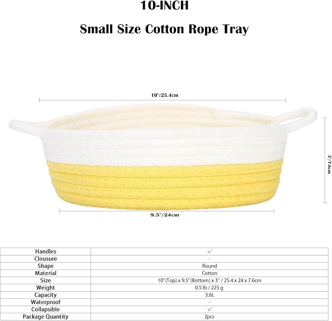 Sea Team 2-Pack Cotton Rope Baskets, 10 x 3 Inches Small Woven Storage Basket, Fabric Tray, Bowl, Round Open Dish for Fruits, Jewelry, Keys, Sewing Kits (Yellow & White)