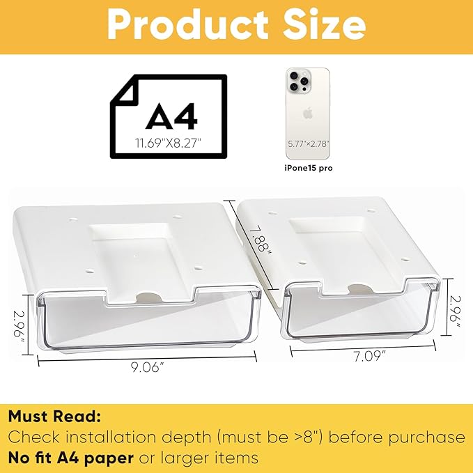 2 Pack Under Desk Hanging Drawer Slide Pull Out, Attachable Clear Acrylic Storage Tray, Easy Hidden Self Adhesive Mount Cabinet Shelf Holder for Tables, Home & Office, Counters, Workstation