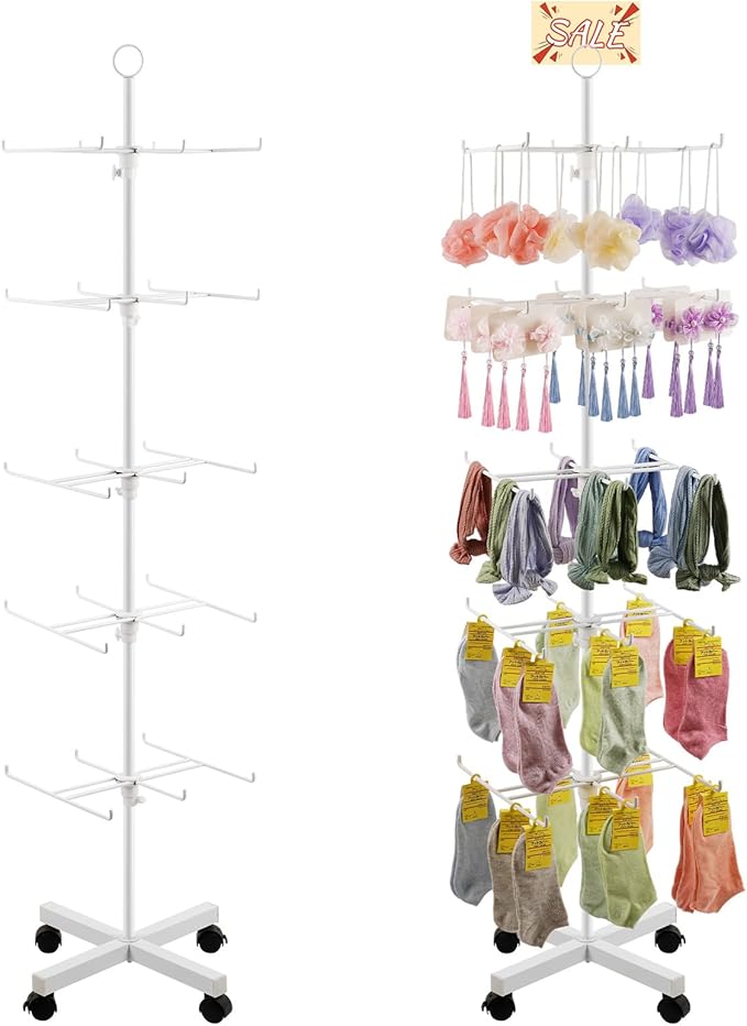 Retail Display Stand Rotating Display Rack 5 Tier Spinning Display Stand for Craft Shows, Jewelry, Keychain, Earring Adjustable Height Retail Display Racks (5-Tier White)