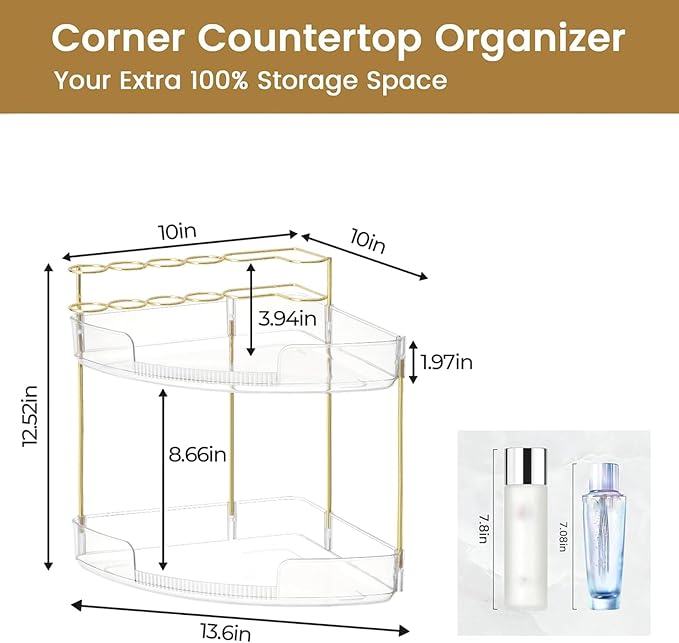 FELIZHOUSE 2-Tier Makeup Organizer for Vanity & Bathroom Countertop – Acrylic Storage Shelf with Perfume Tray & Makeup Brush Holder, Tool-Free Installation, Design for Bathroom & Dresser - Amber