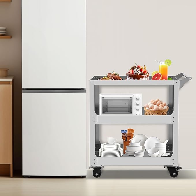 3-Tier Stainless Steel Utility Cart, 1000lbs Capacity with 360° Locking Casters, Heavy-Duty Rolling Cart for Garage, Workshop, Warehouse & Kitchen - Silver