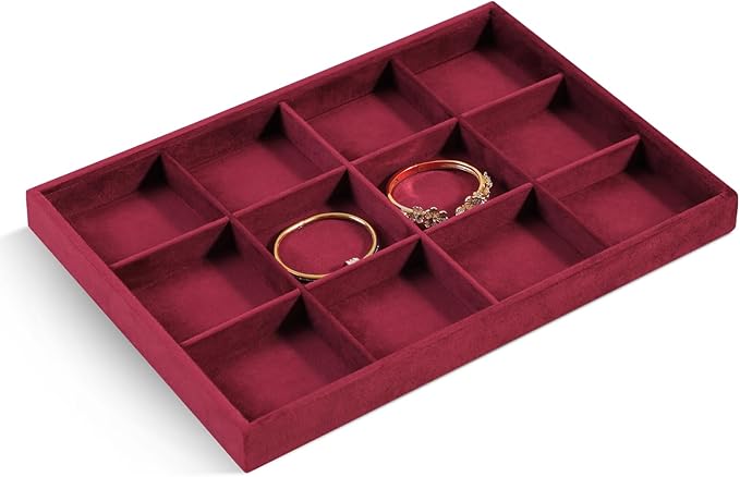 Velvet Stackable Jewelry Display Tray, 12 Grid Watch Bangle Bracelet Storage Tray, Makeup Drawer Insert Jewelry Shop Organizer Plate (Red)