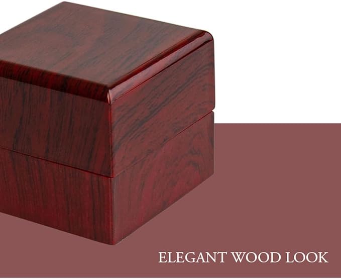 Novel Box Cherry Luxury Ring Jewelry Box with LED Light 2.37x2.37x1.87 Inches - Authentic Mahogany with White Insert - Unique Ring Box for Proposal, Engagement, Wedding, or Small Jewelry Display Gifts