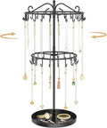 MODOWEY Rotating Necklace Holder Organizer Display Stand with 42 Hooks, 2 Tier Adjustable Metal Necklace Tree Rack with Jewelry Tray for Men Women, Tall Bracelet Storage Hanger for Selling, Black