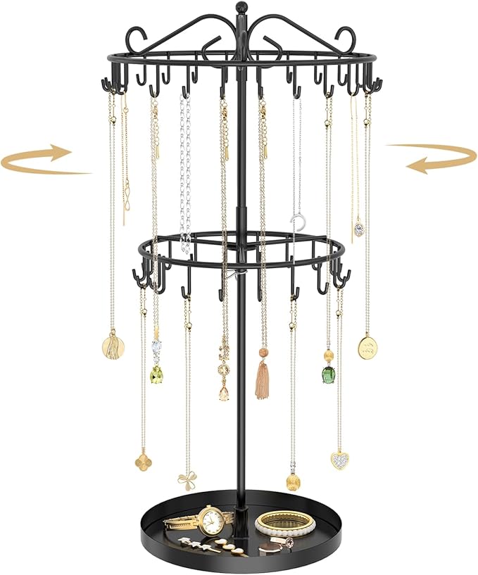 MODOWEY Rotating Necklace Holder Organizer Display Stand with 42 Hooks, 2 Tier Adjustable Metal Necklace Tree Rack with Jewelry Tray for Men Women, Tall Bracelet Storage Hanger for Selling, Black