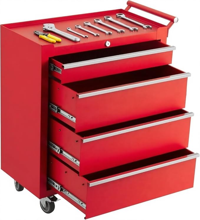 IDEALHOUSE Rolling Tool Chest, 4 Drawers Tool Storage Cabinet, Toolbox with Wheels, Portable Tool Cabinet Organizer with Locking System & Drawer Liners, Tool Storage Cart for Garage, Workshop, Red