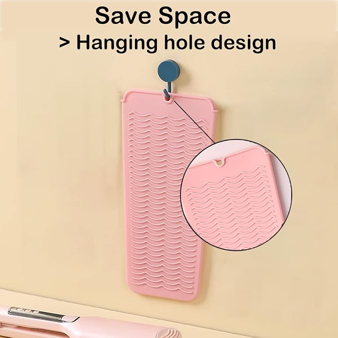Heat Resistant Silicone Mat with Hanging Hole, Straightener Heat Resistant Travel Mat & Pouch for Curling Iron, Flat Iron and Other Hot Hair Styling Tools, 11 x 5 in, Pink