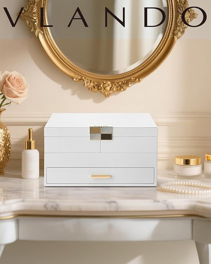 Vlando 3 Layer Jewelry Box - Women Jewelry Box with Retractable Tray - Jewelry Organizers with Drawer for Necklaces, Rings, Bracelets, Earrings, Gift for Couples Mom Girls - White