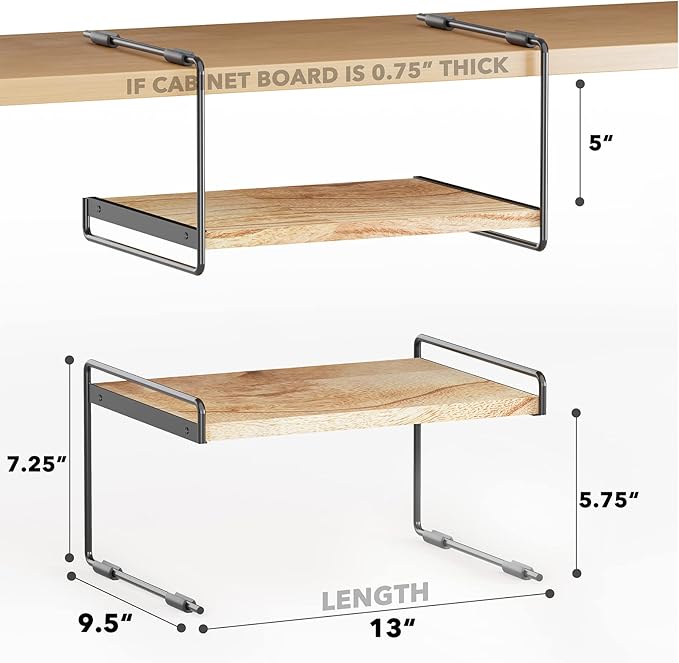 SpaceAid Cabinet Shelf Organizers 2 Pack, Kitchen Counter Organizer Rack Under Shelves Riser, Pantry Cupboard Storage Organization, Metal and Wood, Black and Natural, 13" Wide