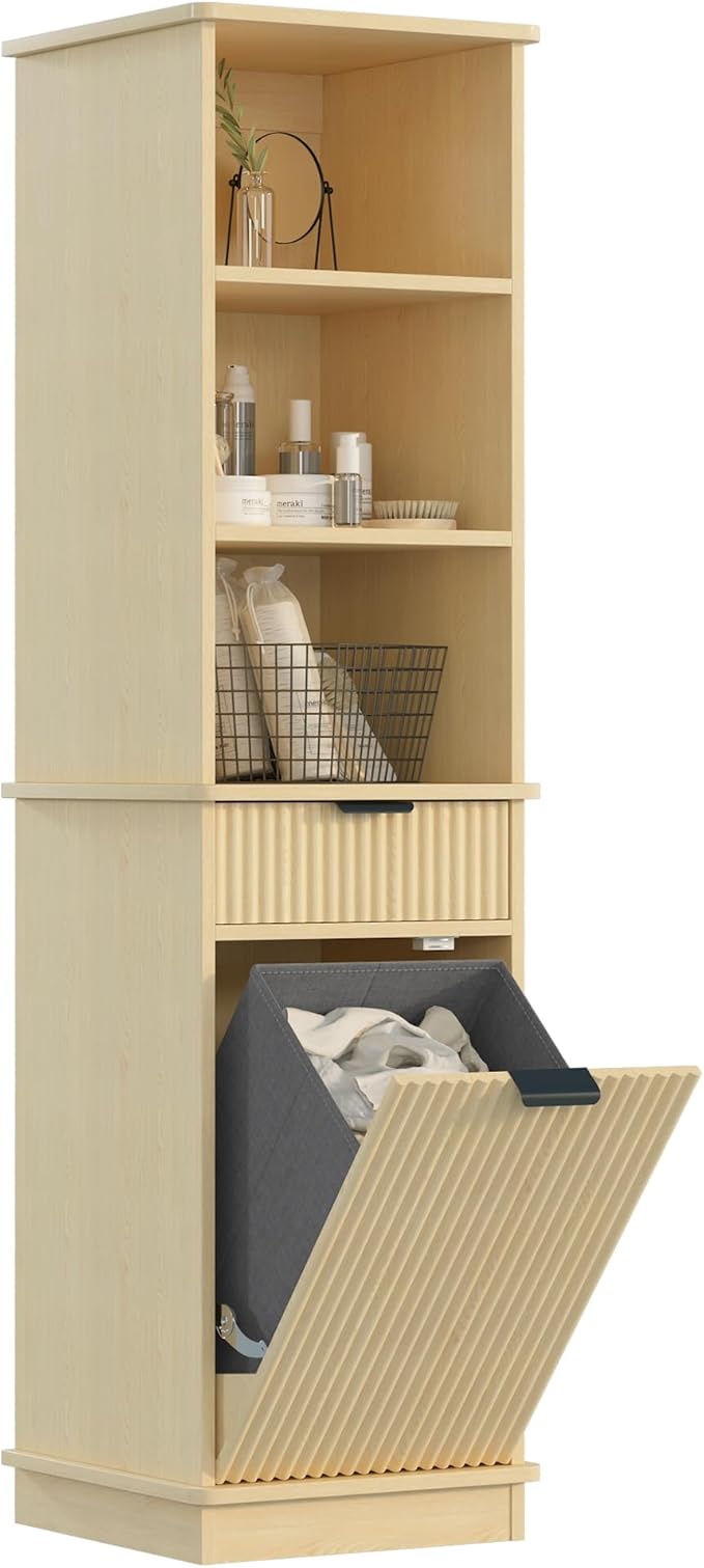 Natural Tilt Out Laundry Hamper Tall Bathroom Storage Cabinet Hidden Laundry Hamper Cabinet with Drawers and Baskets for Bathroom Hamper with Storage for Bedroom,16x16x59in
