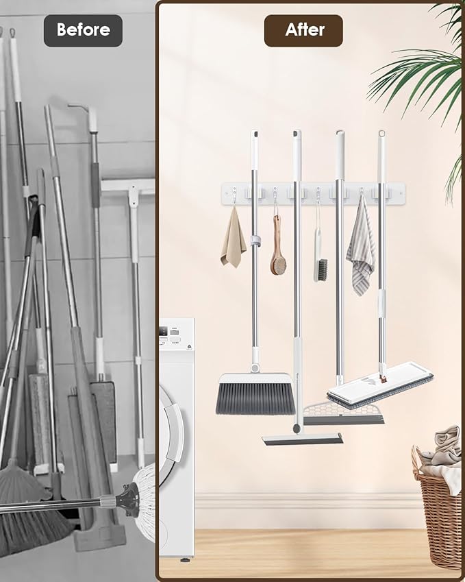 AceMining Broom Holder Wall Mounted, White 4 Holders and 4 Hooks Mop Holder, Wooden Mop and Broom Holder with Anti slip rubber, Natural pine wood Brush Holder, Mop Wall Holde with Nail installation