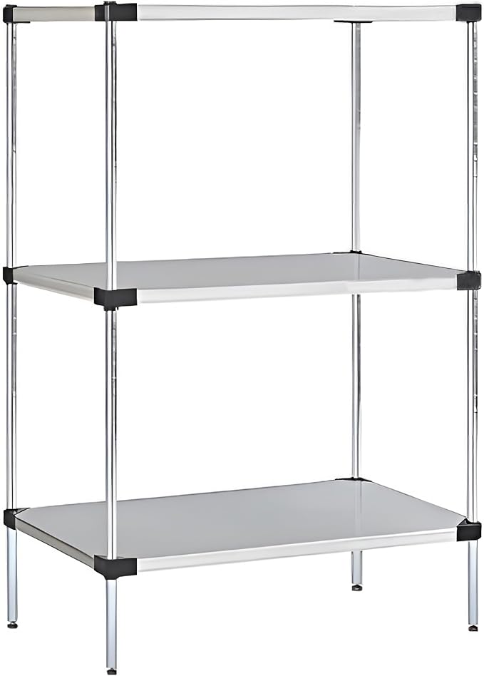 Omega Solid Stainless Steel Shelves, 18" Deep x 48" Wide x 34" High 3 Tier Heavy Duty Solid Shelving Unit for Kitchen Garage Office Restaurant Warehouse 800-lb Per Shelf Weight Capacity