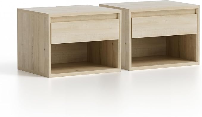 Mid Century Modern Floating Nightstand Set of 2, Wall Mounted End Table with Drawer and Open Compartment Wooden Bedside Night Stand Small Storage Cabinet for Bedroom, Light Oak