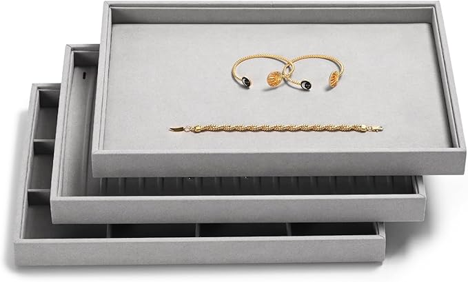 Microfiber Jewelry Tray Stackable Jewelry Organizer Drawer Trays For Necklace Bracelets Watch Perfume Storage Holder (Grey)