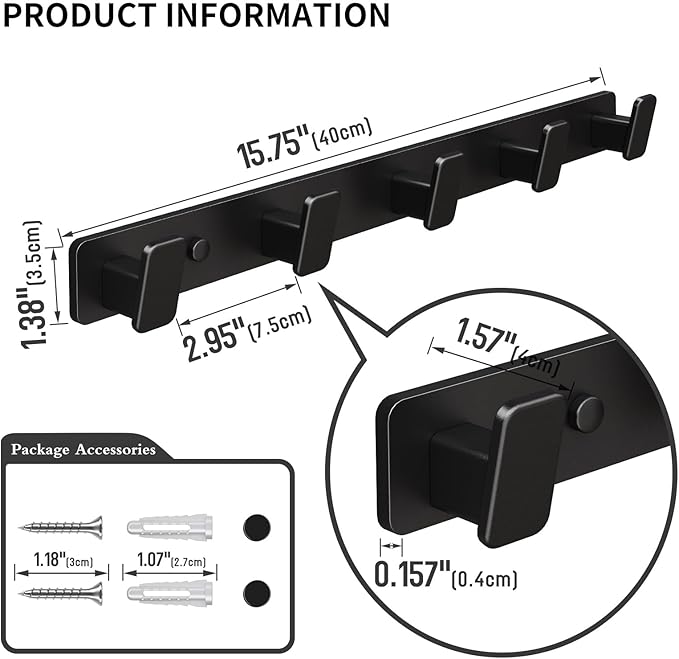 Black Coat Rack Wall Hooks for Hanging Heavy Duty Door Hooks with 5 Hooks Key Holder for Wall Hat Rack for Entrance Coat Hook