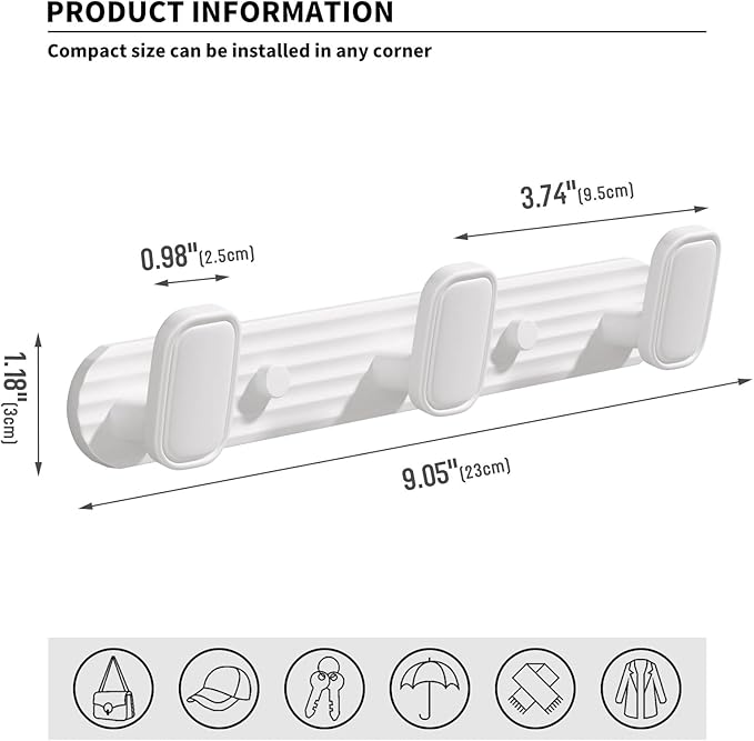 Coat Rack Wall Mount White, 3 Hooks Rack Metal Coat Hanger Wall for Hanging Hat Purse and Robes, Towel Hook for Bathrooms and Entryway (1 Pack)